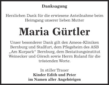Traueranzeige von Maria Gürtler von Super Sonntag Bernburg