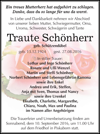 Traueranzeige von Traute Schönherr von Super Sonntag SGH Mansf. Land