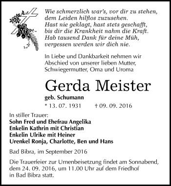 Traueranzeige von Gerda Meister von Mitteldeutsche Zeitung Naumburg/Nebra