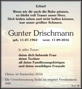 Traueranzeige von Gunter Drischmann von Mitteldeutsche Zeitung Zeitz
