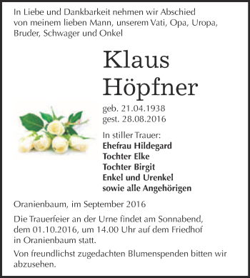 Traueranzeige von Klaus Höpfner von WVG - Wochenspiegel Wittenberg