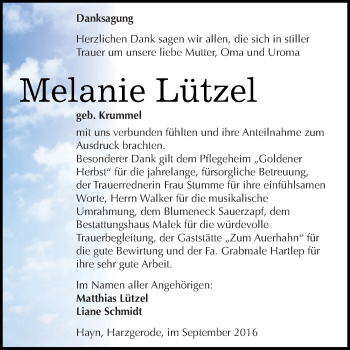 Traueranzeige von Melanie Lützel von Super Sonntag SGH Mansf. Land