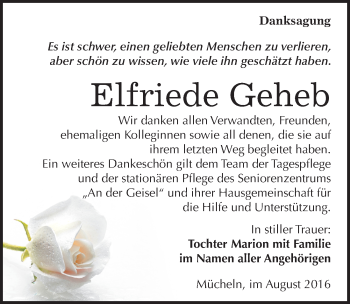 Traueranzeige von Elfriede Geheb von Mitteldeutsche Zeitung Merseburg/Querfurt