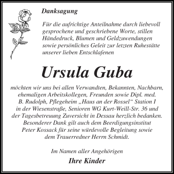 Traueranzeige von Ursula Guba von WVG - Wochenspiegel Dessau / Köthen