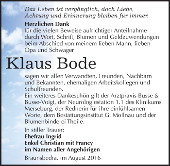 Traueranzeige von Klaus Bode von Mitteldeutsche Zeitung Merseburg/Querfurt