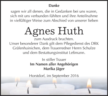 Traueranzeige von Agnes Huth von WVG - Wochenspiegel Wittenberg