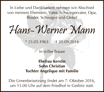 Traueranzeige von Hans-Werner Mann von Super Sonntag Bernburg