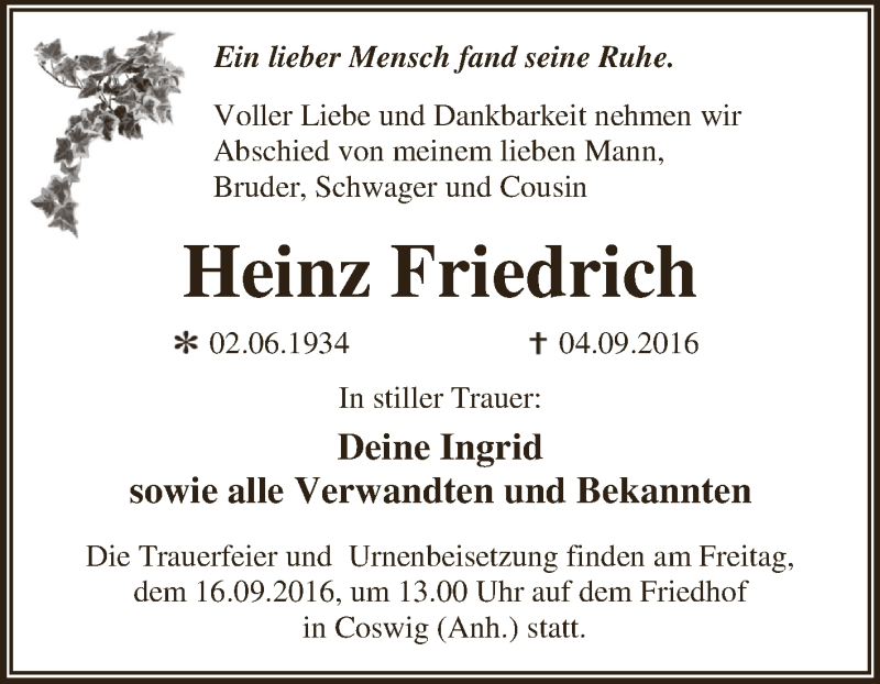  Traueranzeige für Heinz Friedrich vom 10.09.2016 aus WVG - Wochenspiegel Dessau / Köthen