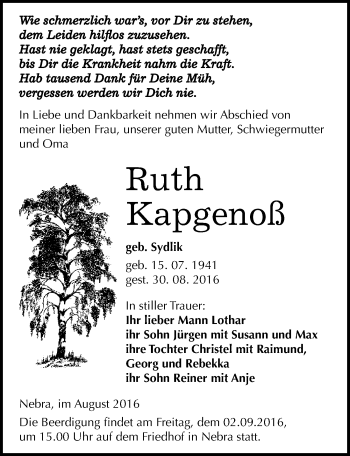 Traueranzeige von Ruth Kapgenoß von Mitteldeutsche Zeitung Naumburg/Nebra