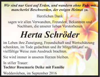 Traueranzeige von Herta Schröder von Super Sonntag Quedlinburg