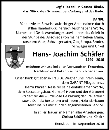 Traueranzeige von Hans- Joachim Schäfer von Mitteldeutsche Zeitung Quedlinburg