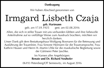 Traueranzeige von Irmgard Lisbeth Czaja von Mitteldeutsche Zeitung Halle/Saalkreis