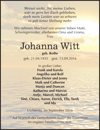Traueranzeige von Johanna Witt von Mitteldeutsche Zeitung Weißenfels
