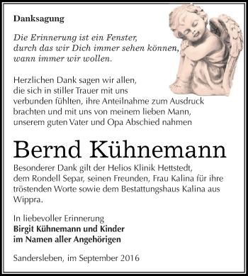 Traueranzeige von Bernd Kühnemann von Wochenspiegel Mansfelder Land