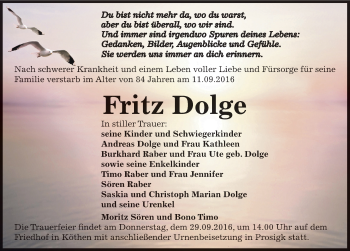 Traueranzeige von Fritz Dolge von Mitteldeutsche Zeitung Köthen