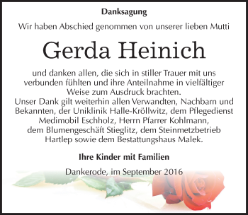 Traueranzeige von Gerda Heinich von Mitteldeutsche Zeitung Quedlinburg