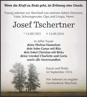 Traueranzeige von Josef Tschertner von Super Sonntag Zeitz