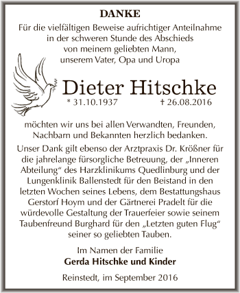 Traueranzeige von Dieter Hitschke von Super Sonntag Aschersleben