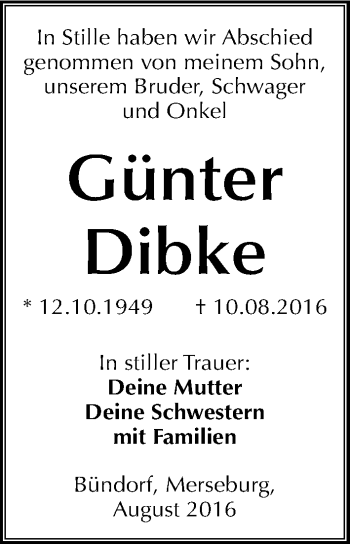 Traueranzeige von Günter Dibke von Mitteldeutsche Zeitung Merseburg/Querfurt