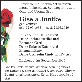 Traueranzeige von Gisela Juntke von Super Sonntag Zeitz