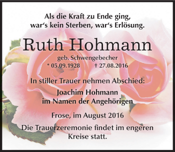 Traueranzeige von Ruth Hohmann von Mitteldeutsche Zeitung Aschersleben