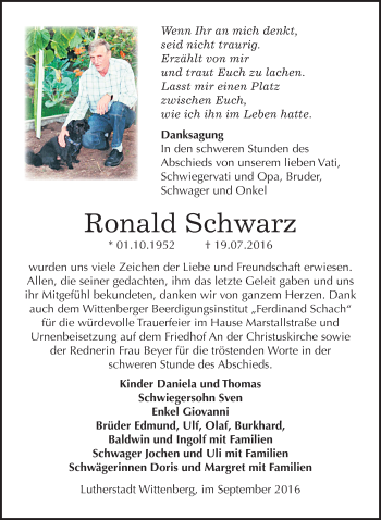 Traueranzeige von Ronald Schwarz von Mitteldeutsche Zeitung Wittenberg