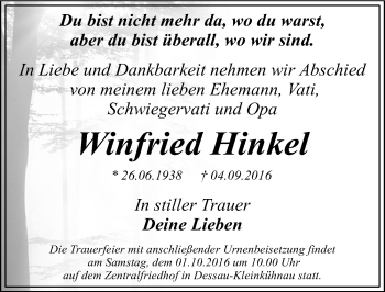 Traueranzeige von Winfried Hinkel von Mitteldeutsche Zeitung Dessau-Roßlau