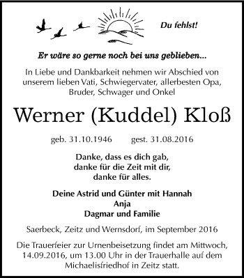 Traueranzeige von Werner Kloß von Mitteldeutsche Zeitung Zeitz