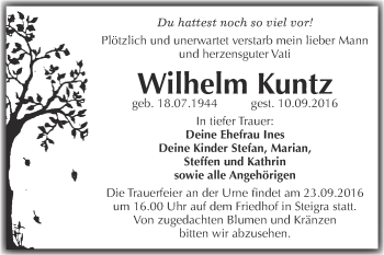 Traueranzeige von Wilhelm Kuntz von WVG - Wochenspiegel Merseburg