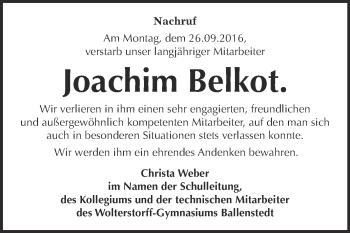 Traueranzeige von Joachim Belkot von Super Sonntag Quedlinburg
