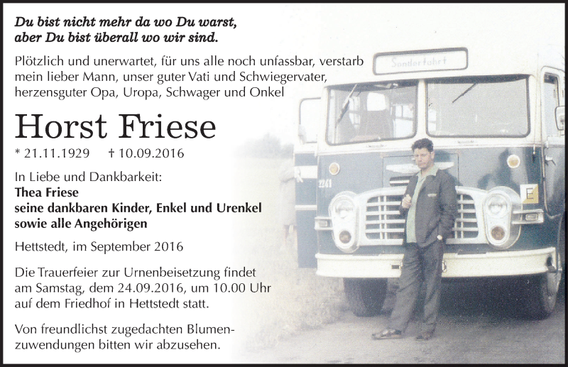  Traueranzeige für Horst Friese vom 14.09.2016 aus Mitteldeutsche Zeitung Mansfelder Land