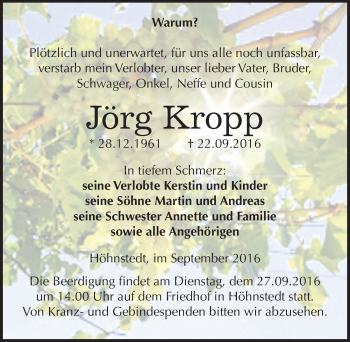 Traueranzeige von Jörg Kropp von Mitteldeutsche Zeitung Halle/Saalkreis