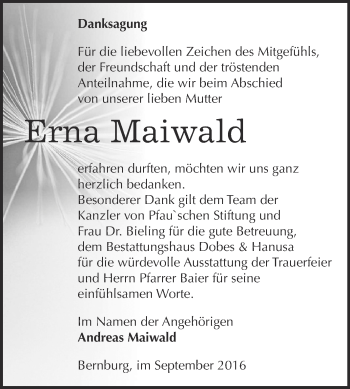 Traueranzeige von Erna Maiwald von Super Sonntag Bernburg