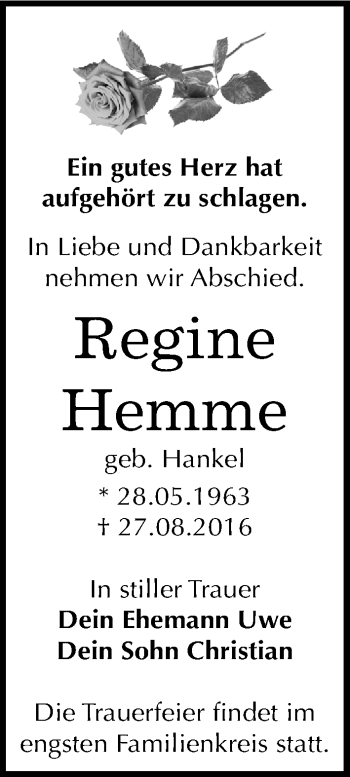 Traueranzeige von Regine Hemme von Mitteldeutsche Zeitung Dessau-Roßlau