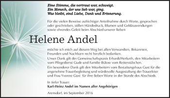 Traueranzeige von Helene Andel von Mitteldeutsche Zeitung Köthen