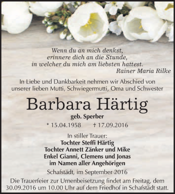 Traueranzeige von Barbara Härtig von WVG - Wochenspiegel Merseburg
