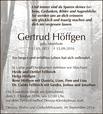 Traueranzeige von Gertrud Höffgen von WVG - Wochenspiegel Dessau / Köthen