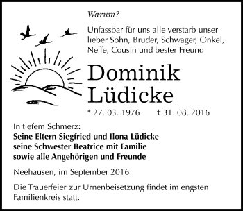Traueranzeige von Dominik Lüdicke von Mitteldeutsche Zeitung Mansfelder Land