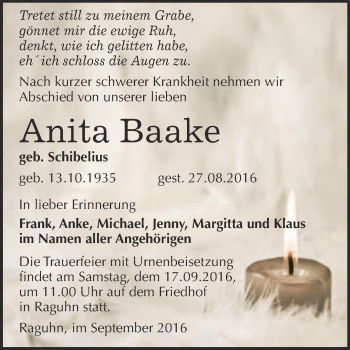 Traueranzeige von Anita Baake von WVG - Wochenspiegel Bitterfeld