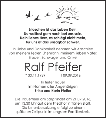 Traueranzeige von Ralf Pfeifer von WVG - Wochenspiegel Dessau / Köthen