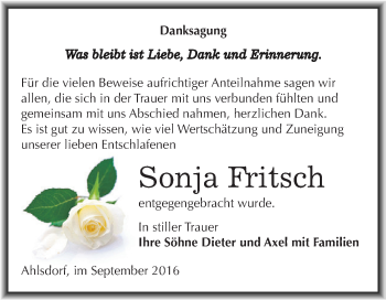 Traueranzeige von Sonja Fritsch von Wochenspiegel Mansfelder Land