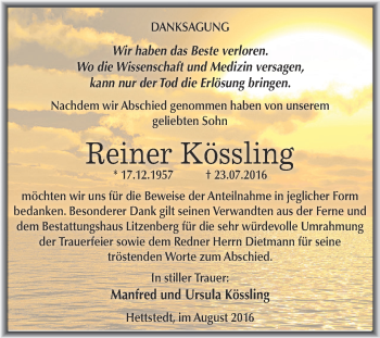 Traueranzeige von Reiner Kössling von Wochenspiegel Mansfelder Land