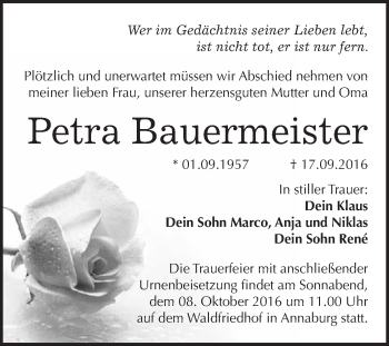 Traueranzeige von Petra Bauermeister von WVG - Wochenspiegel Wittenberg