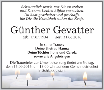 Traueranzeige von Günther Gevatter von Mitteldeutsche Zeitung Merseburg/Querfurt