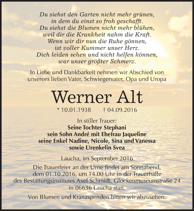  Traueranzeige für Werner Alt vom 10.09.2016 aus Mitteldeutsche Zeitung Naumburg/Nebra