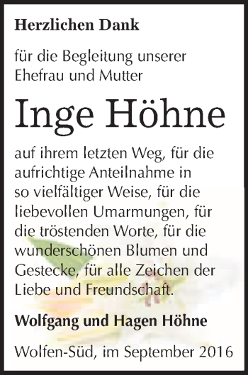 Traueranzeige von Inge Höhne von WVG - Wochenspiegel Bitterfeld