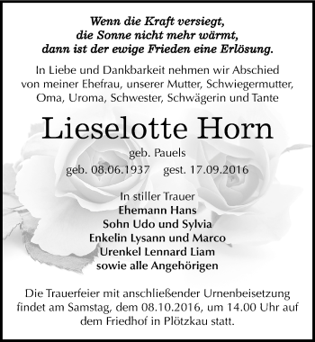 Traueranzeige von Lieselotte Horn von Mitteldeutsche Zeitung Bernburg