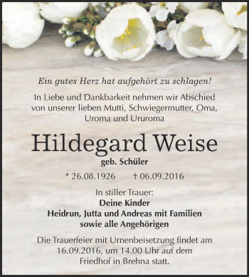 Traueranzeige von Hildegard Weise von WVG - Wochenspiegel Bitterfeld
