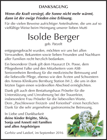 Traueranzeige von Isolde Berger von Mitteldeutsche Zeitung Bernburg