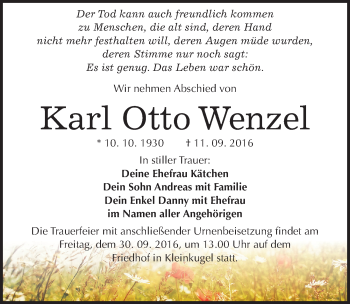 Traueranzeige von Karl Otto Wenzel von Mitteldeutsche Zeitung Halle/Saalkreis